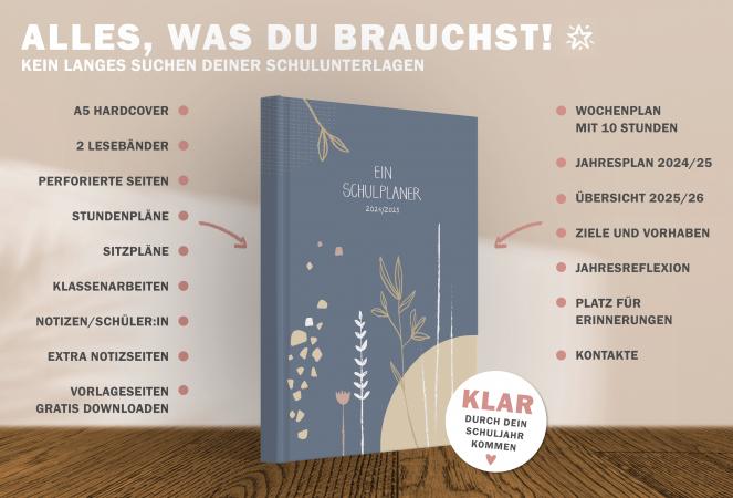 Lehrerkalender für Schuljahr 2024 2025, creme blau, mit Stundenplan, Klassenlisten, Kontaktlisten, Klassenarbeiten Planung, Vertretungsstunden, u.v.m.